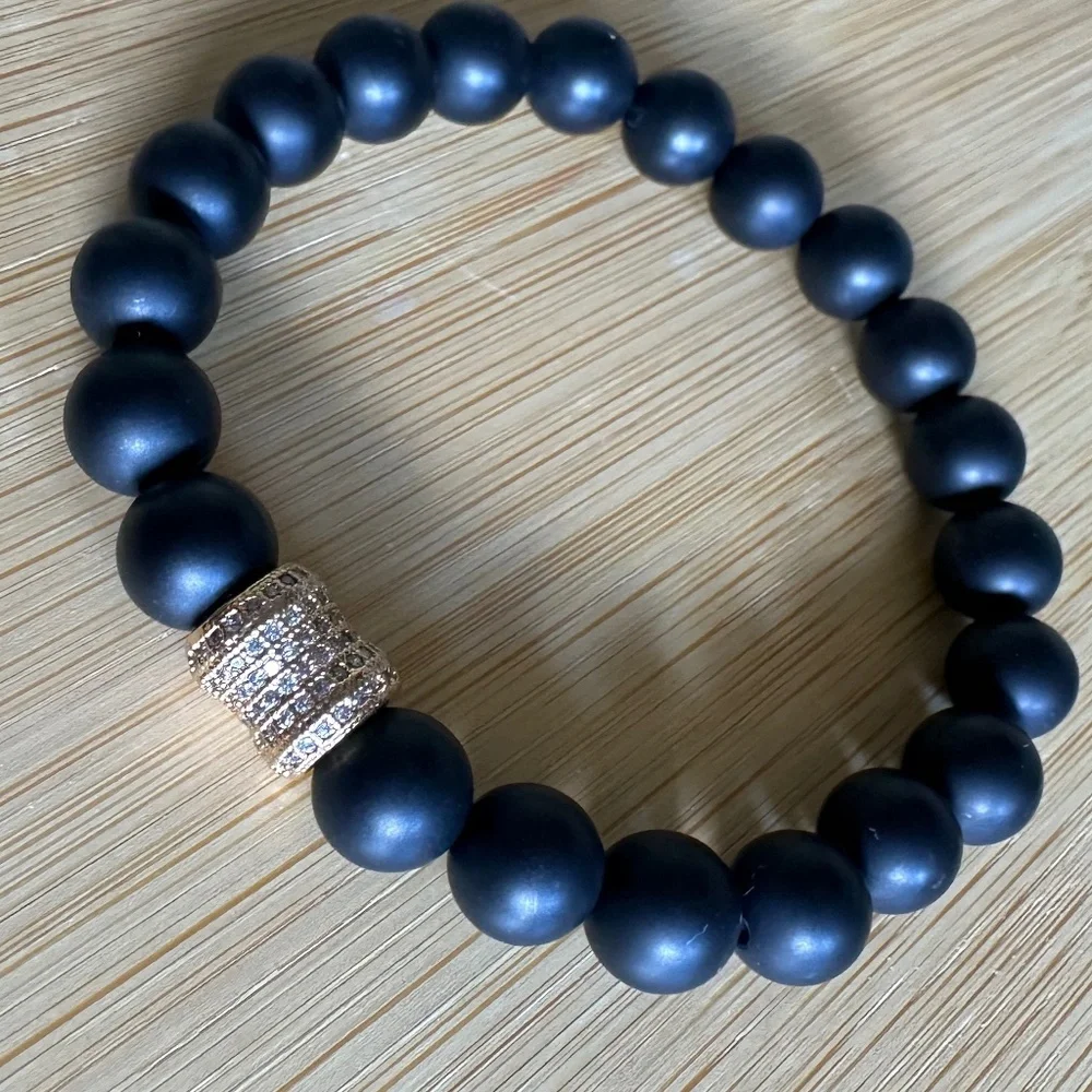 Matte Onyx 8mm Stretch Bracelet w/ Gold Crystal Pave Spacer